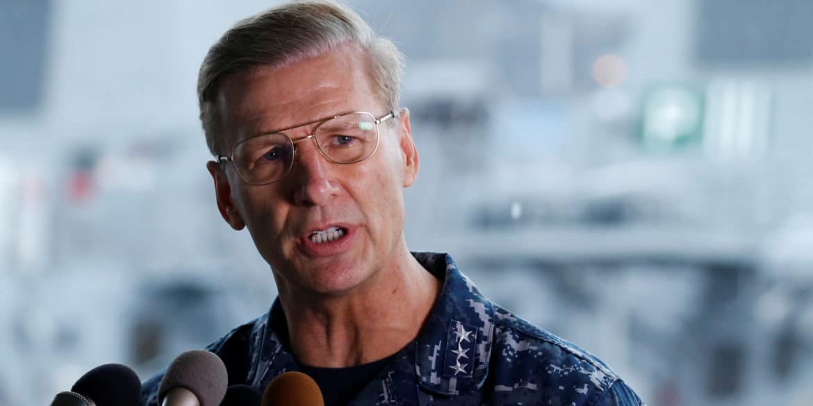 Vice Admiral Joseph Aucoin, U.S. 7th Fleet Commander, speaks to media on the status of the U.S. Navy destroyer USS Fitzgerald, damaged by colliding with a Philippine-flagged merchant vessel, and the seven missing Fitzgerald crew members, at the U.S. naval base in Yokosuka, south of Tokyo, Japan June 18, 2017. REUTERS/Toru Hanai