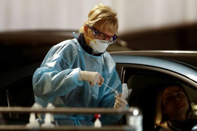 A coronavirus disease (COVID-19) drive-through testing facility is seen as the state of Victoria experiences an outbreak of cases, in Melbourne, Australia, June 25, 2020.  AAP Image/Daniel Pockett via REUTERS  ATTENTION EDITORS - THIS IMAGE WAS PROVIDED BY A THIRD PARTY. NO RESALES. NO ARCHIVE. AUSTRALIA OUT. NEW ZEALAND OUT