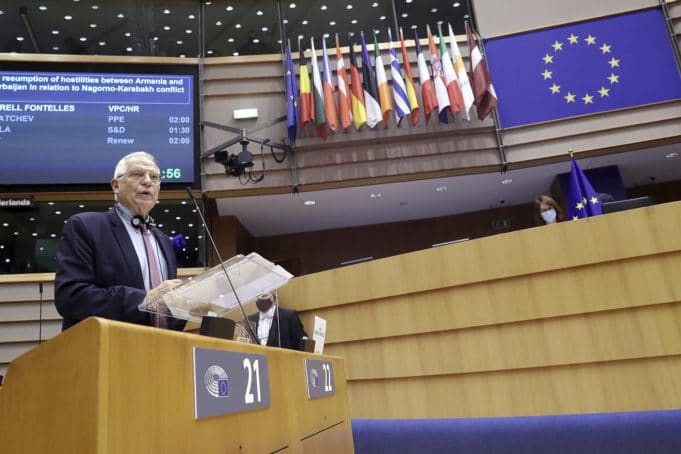 European Union foreign policy chief Josep Borrell addresses European lawmakers during a plenary session at the European Parliament in Brussels, Wednesday, Oct. 7, 2020. (Yves Herman/Pool Photo via AP)