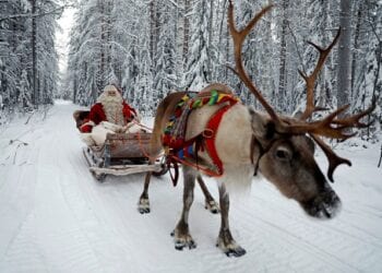 FILE PHOTO: Santa Claus rides in his sleigh as he prepares for Christmas in the Arctic Circle near Rovaniemi, Finland December 15, 2016. REUTERS/Pawel Kopczynski/File Photo