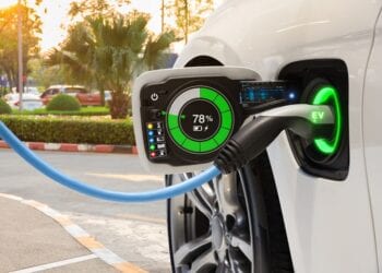 Electric vehicle changing on street parking with graphical user interface, Future EV car concept