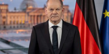 epa09781305 German Chancellor Olaf Scholz poses for pictures after he recorded a televised address to the nation following the Russian military invasion of Ukraine in Berlin, Germany, 24 February 2022. Russia began a large-scale attack on Ukraine, with explosions reported in multiple cities and far outside the restive eastern regions held by Russian-backed rebels.  EPA/Hannibal Hanschke / POOL
